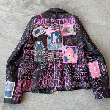 Black leather coat women's battle jacket Y2K patches