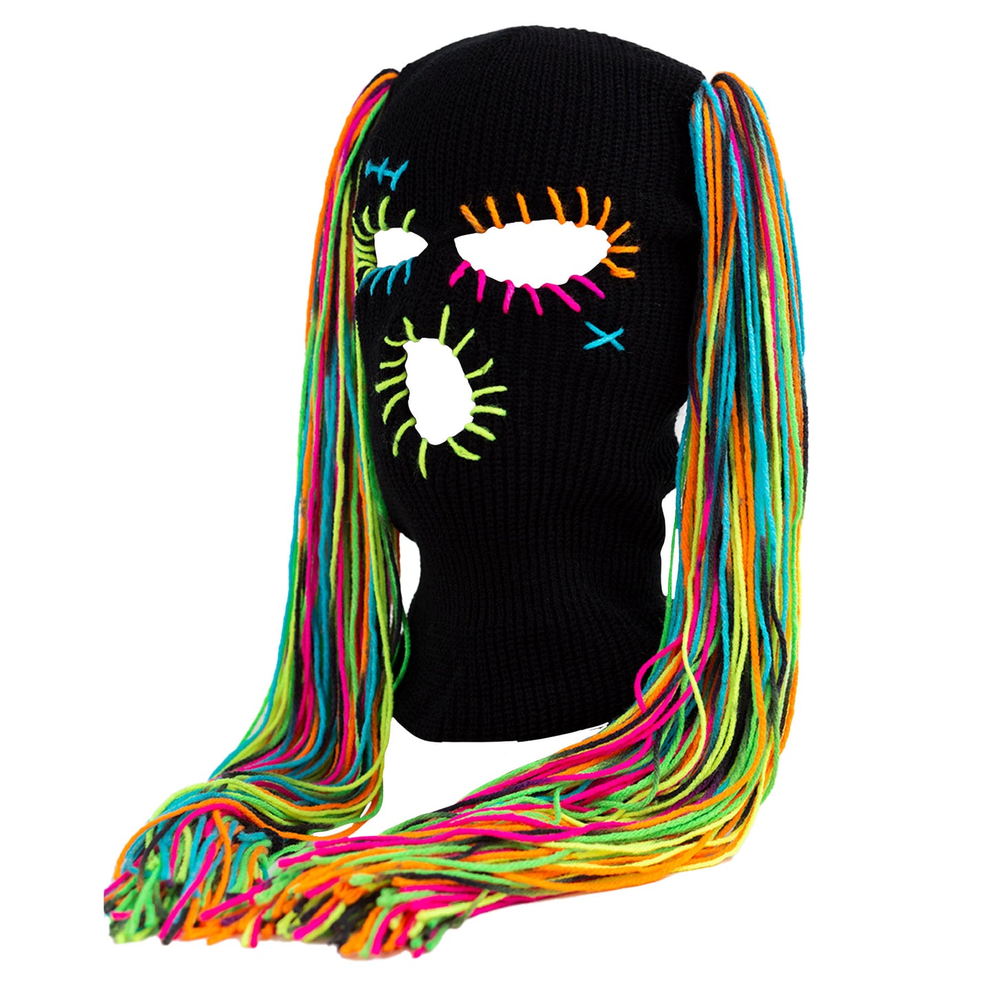 Black beanie with colorful eye designs and long multicolored extensions on a white background