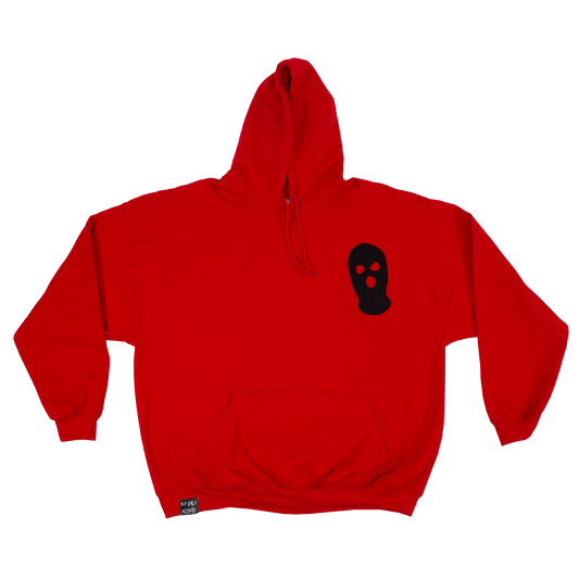Red hoodie with a black logo on the chest against a white background