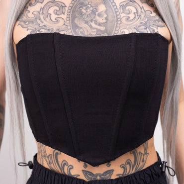 Black Strapless Corset Crop Top with Zipper