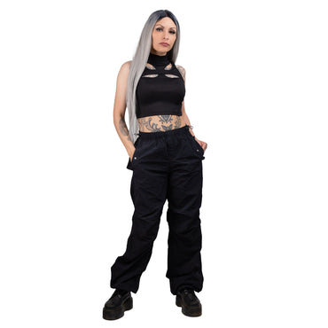 Black Y2K Techno Parachute Pants with Drawstring Hem