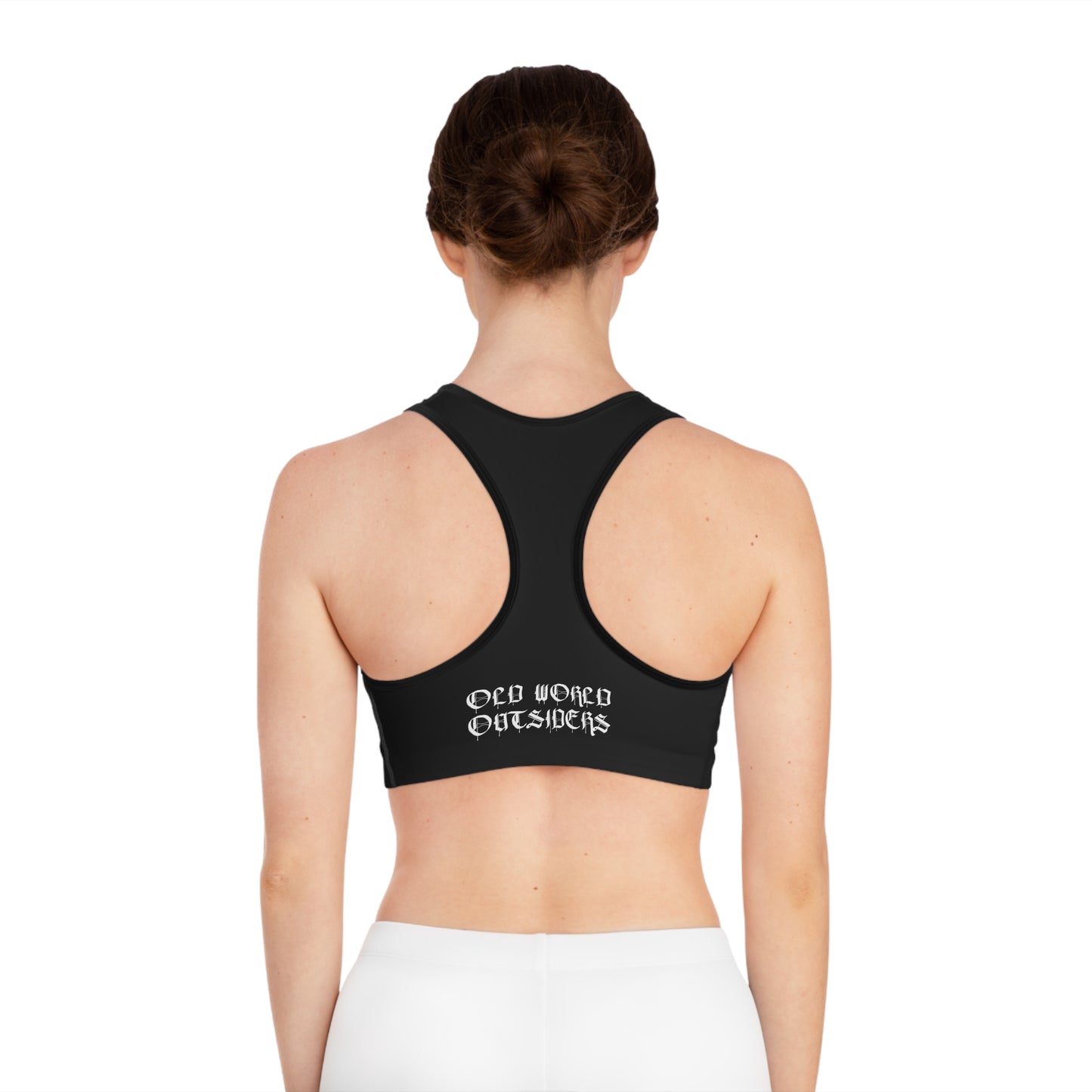 Black sports bra with text on the back worn by a person on a white background