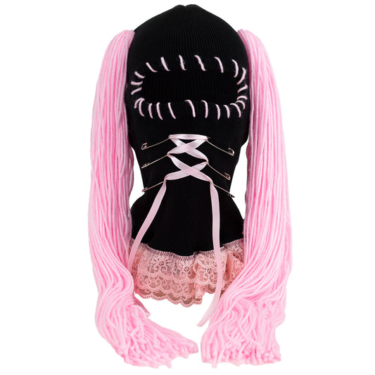 Black ski mask lace top with pink ribbons and pigtails on a white background