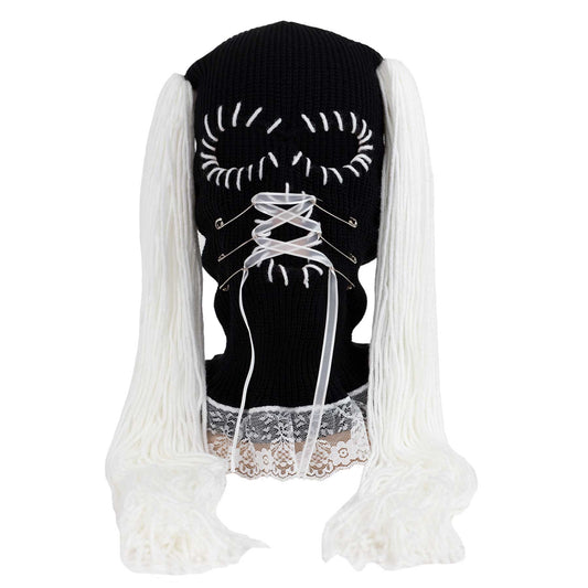 Black ski mask with white lace and white pigtail extensions