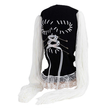 Black 3 hole ski mask with white pigtails and white lace details