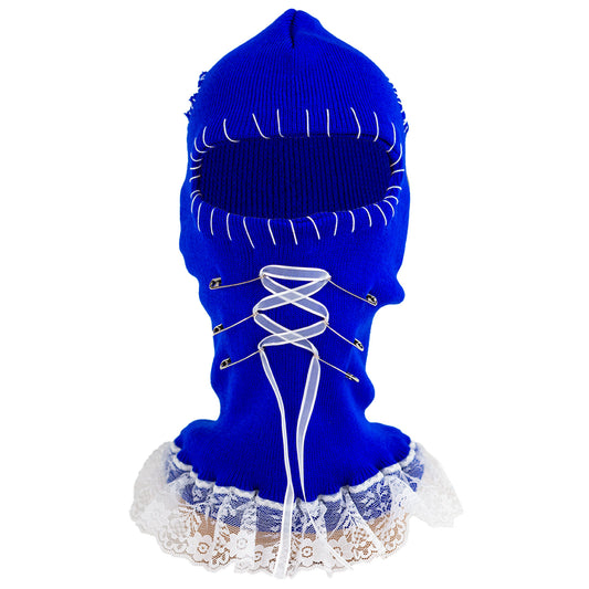 Blue hooded garment ski mask with lace details on a white background
