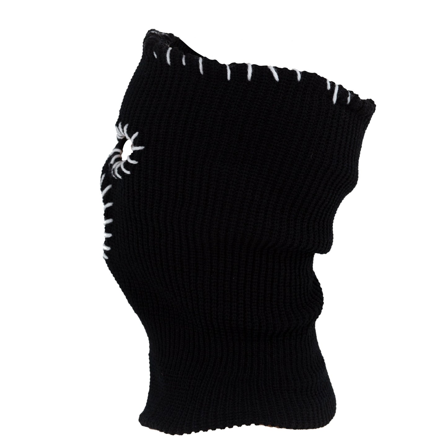 Black knit fingerless glove with white spider design on a white background