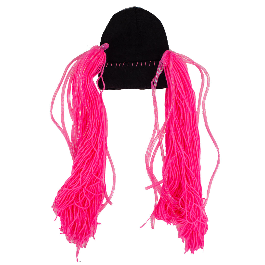 Black beanie with pink extensions on a white background