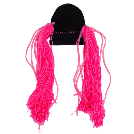 Black beanie with pink extensions on a white background