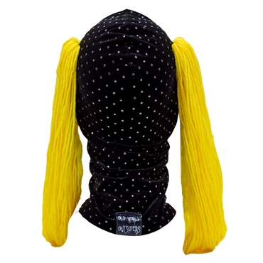 Black polka dot headband with yellow pigtails on a white background