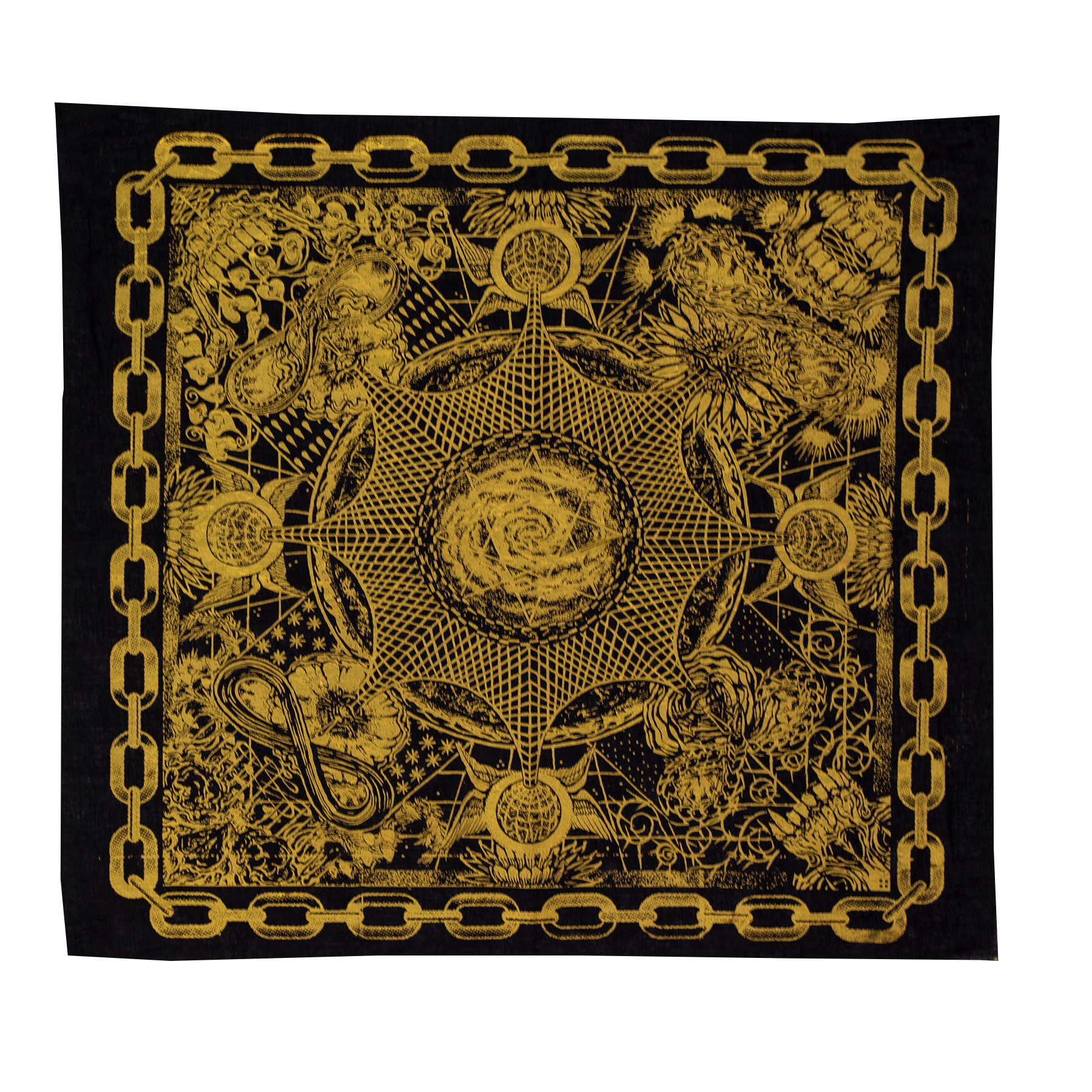 Black and gold tapestry bandana with geometric and celestial design