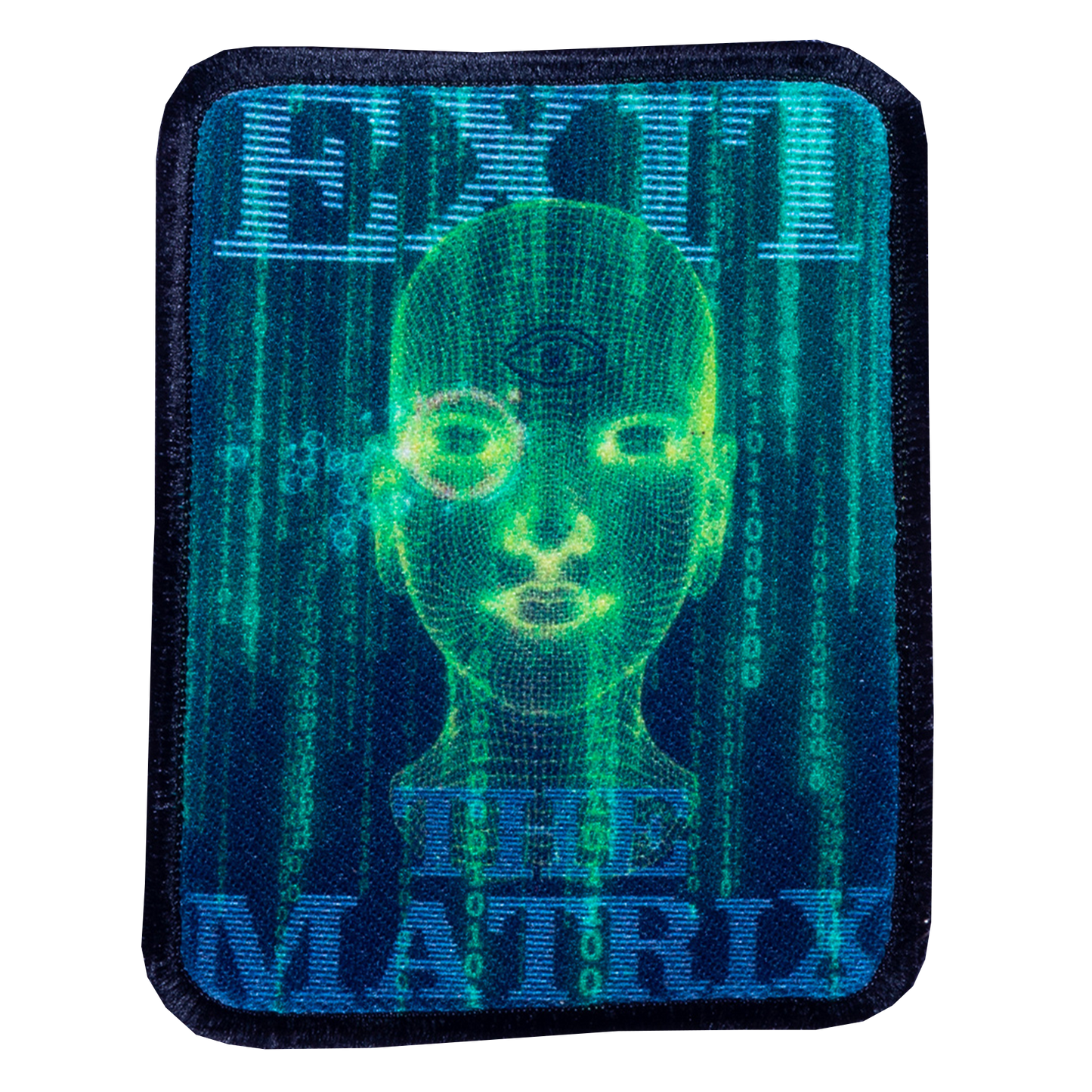 Patch with 'The Matrix' design featuring a wireframe head and binary code on a blue background.