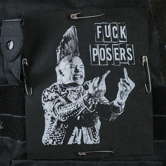 Fuck Posers Screen Print Patch Safety Pinned To The Back Of A Vest