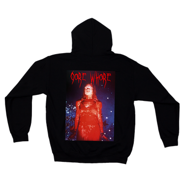 Black horror theme hoodie with graphic design on the back featuring movie carrie