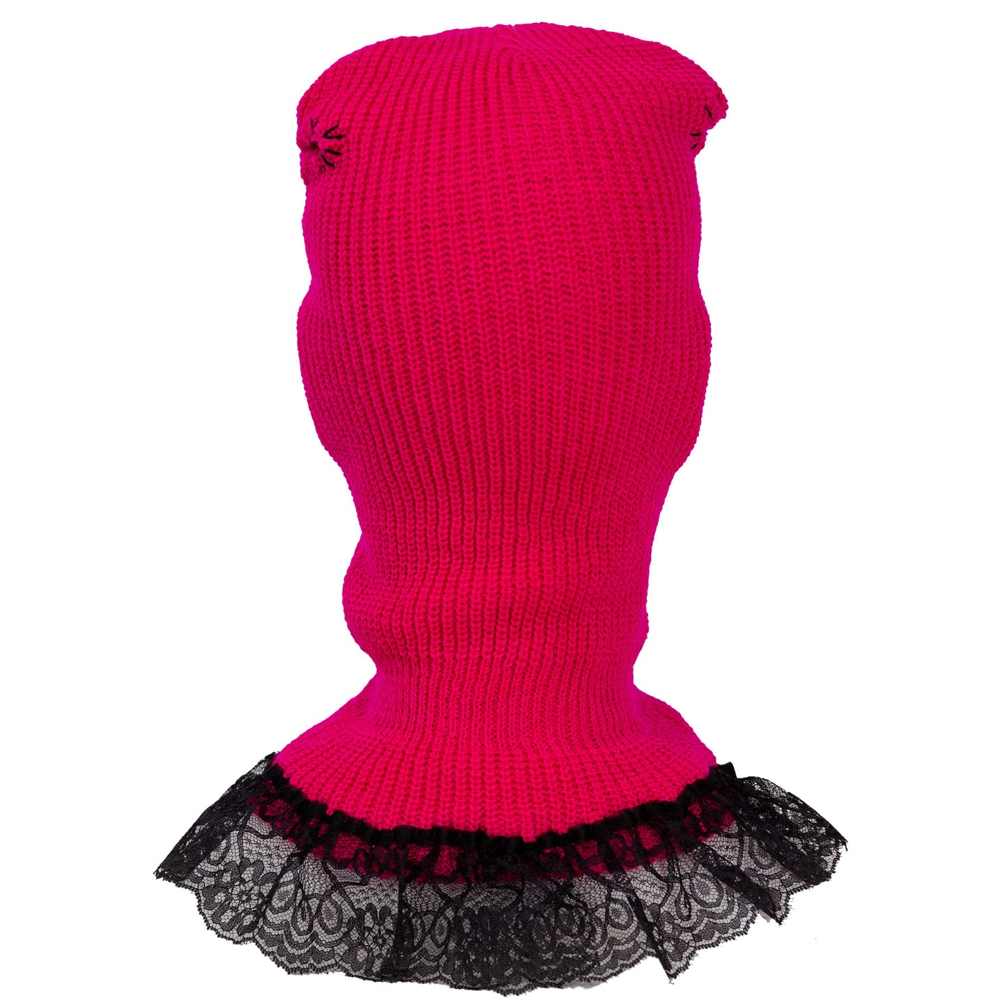 Pink knit balaclava with black lace trim on a white background