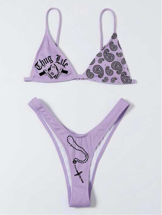 Purple bikini set with text and pattern on a white background