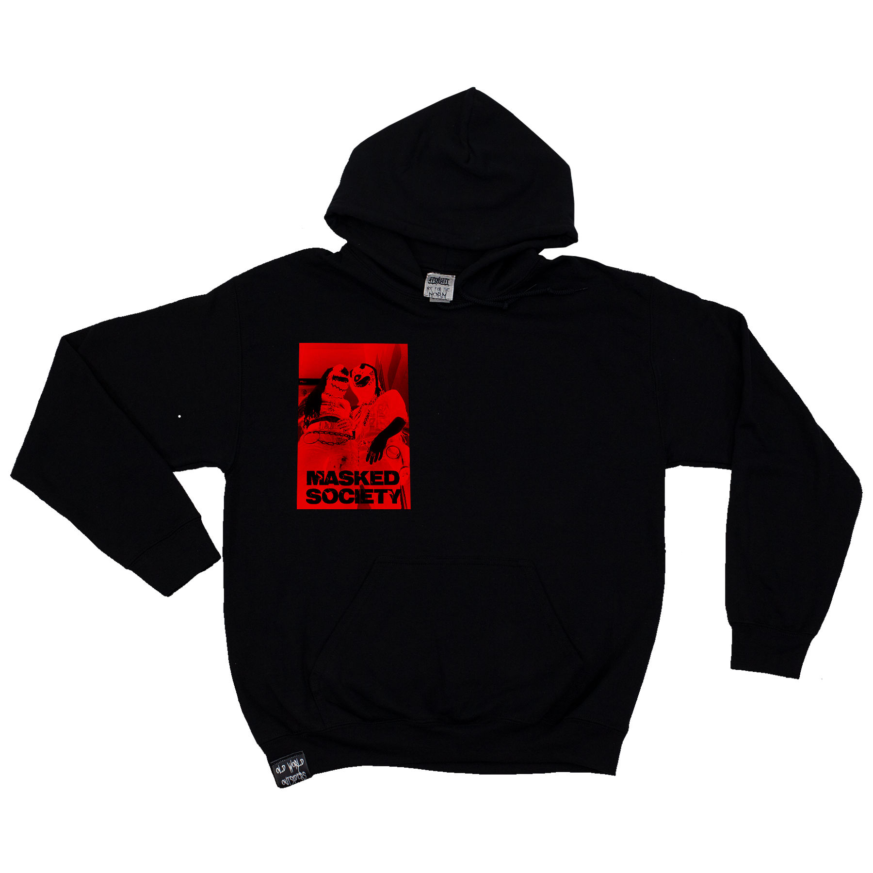 Black hoodie with a red graphic and text on a white background