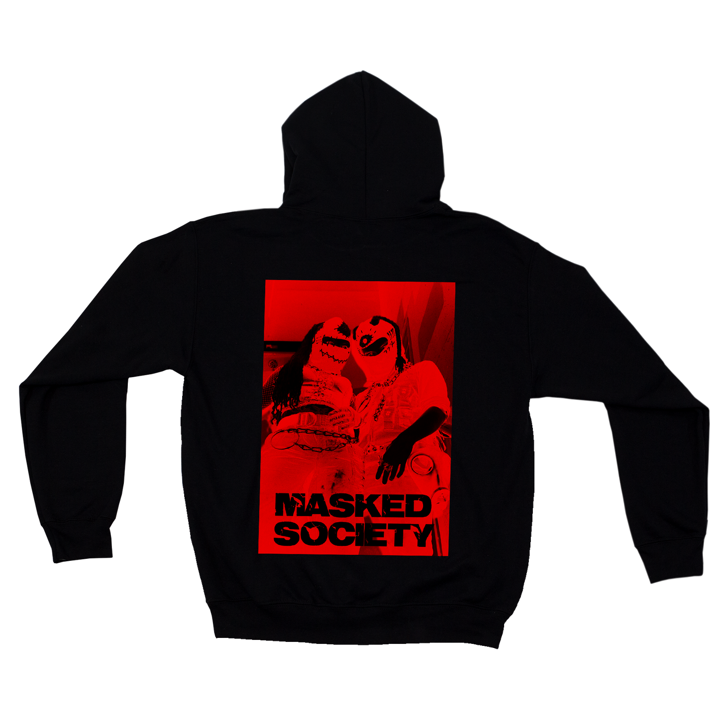 Black hoodie with a red graphic and 'Masked Society' text on the back
