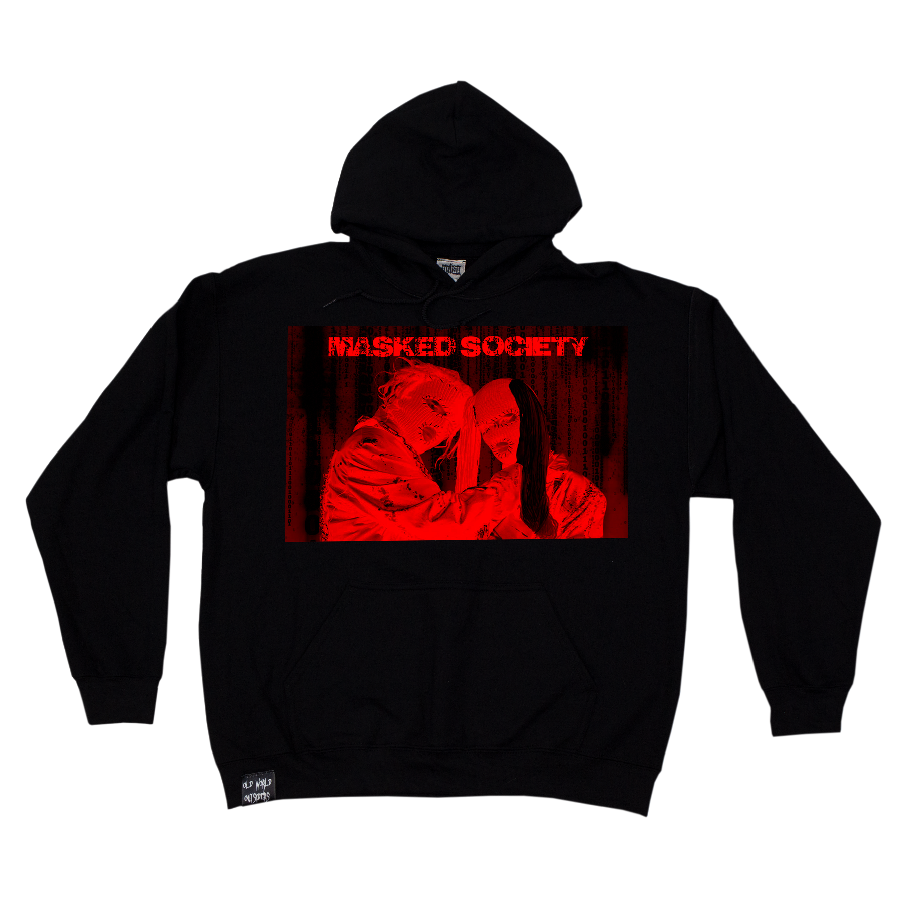Black hoodie with a red graphic design and 'Masked Society' text on a white background