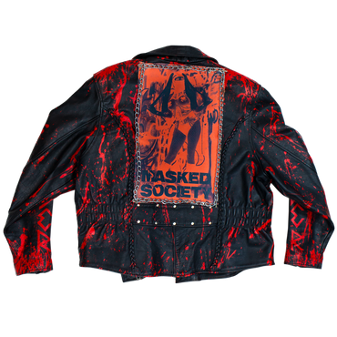 Black jacket with red splatter design and 'Masked Society' graphic on a white background