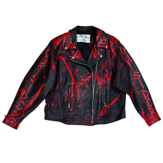 Black jacket with red blood splatter patterns on a white background