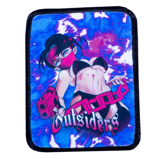 Patch with an anime character holding a gun and 'Outsiders' text on a blue and pink background