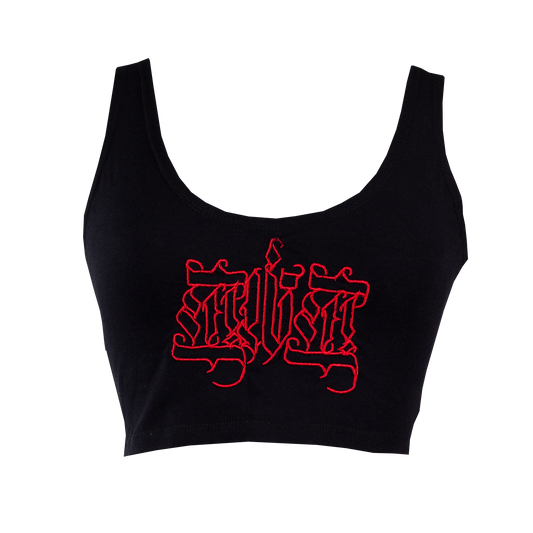 Black crop top with red graphic design on a white background