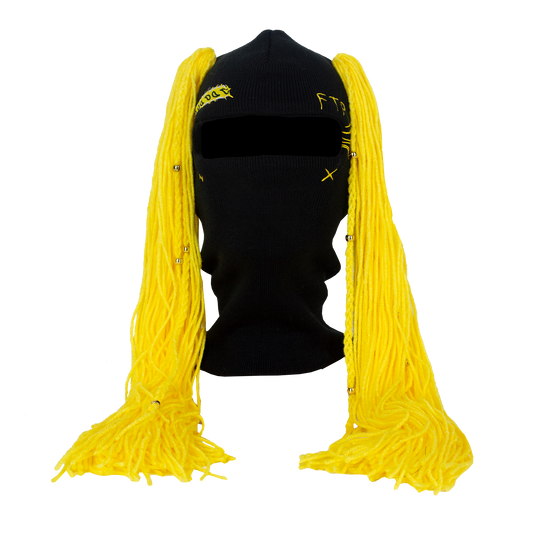 Black beanie ski mask with yellow pigtails on a white background