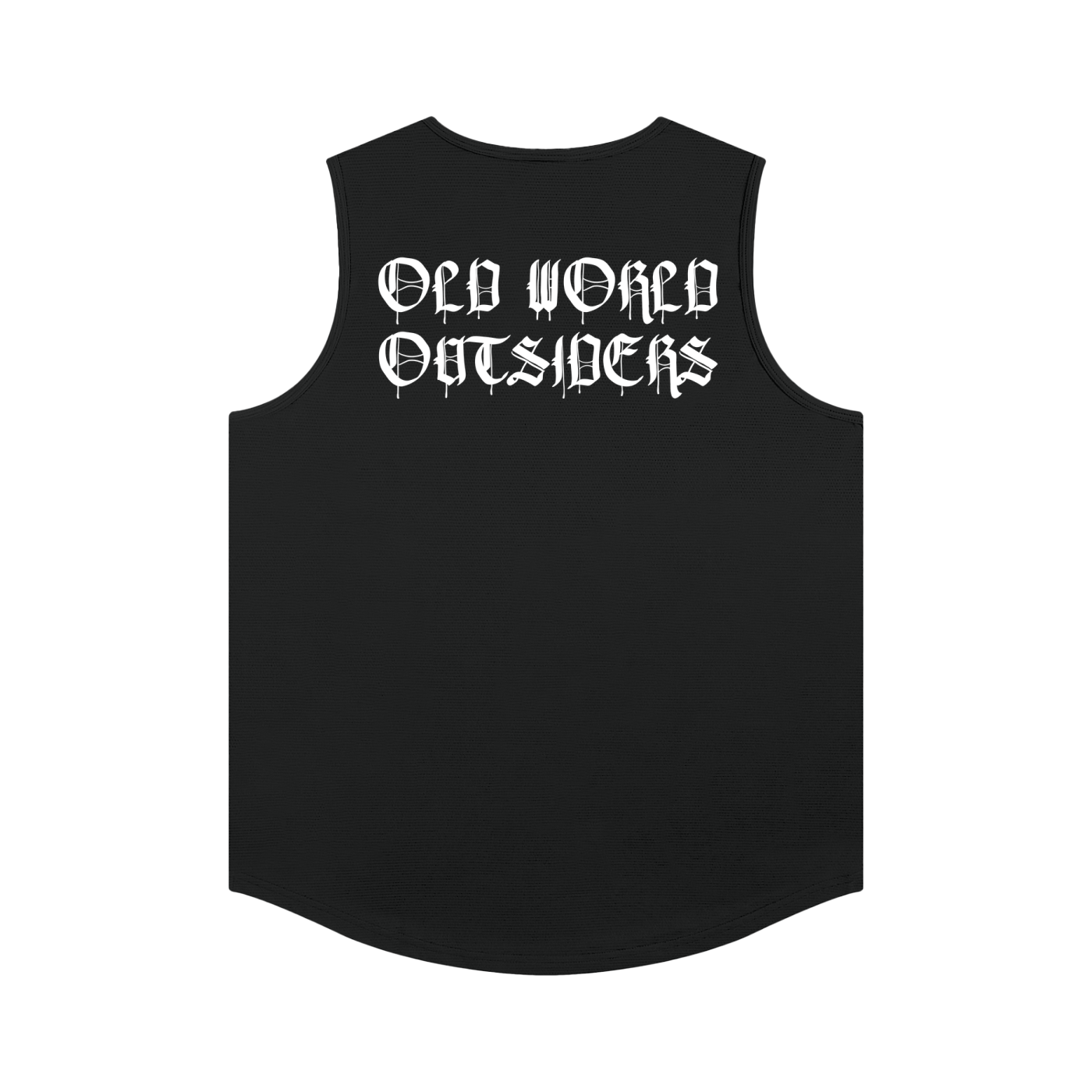Black sleeveless shirt with 'Old World Outsiders' text on a white background