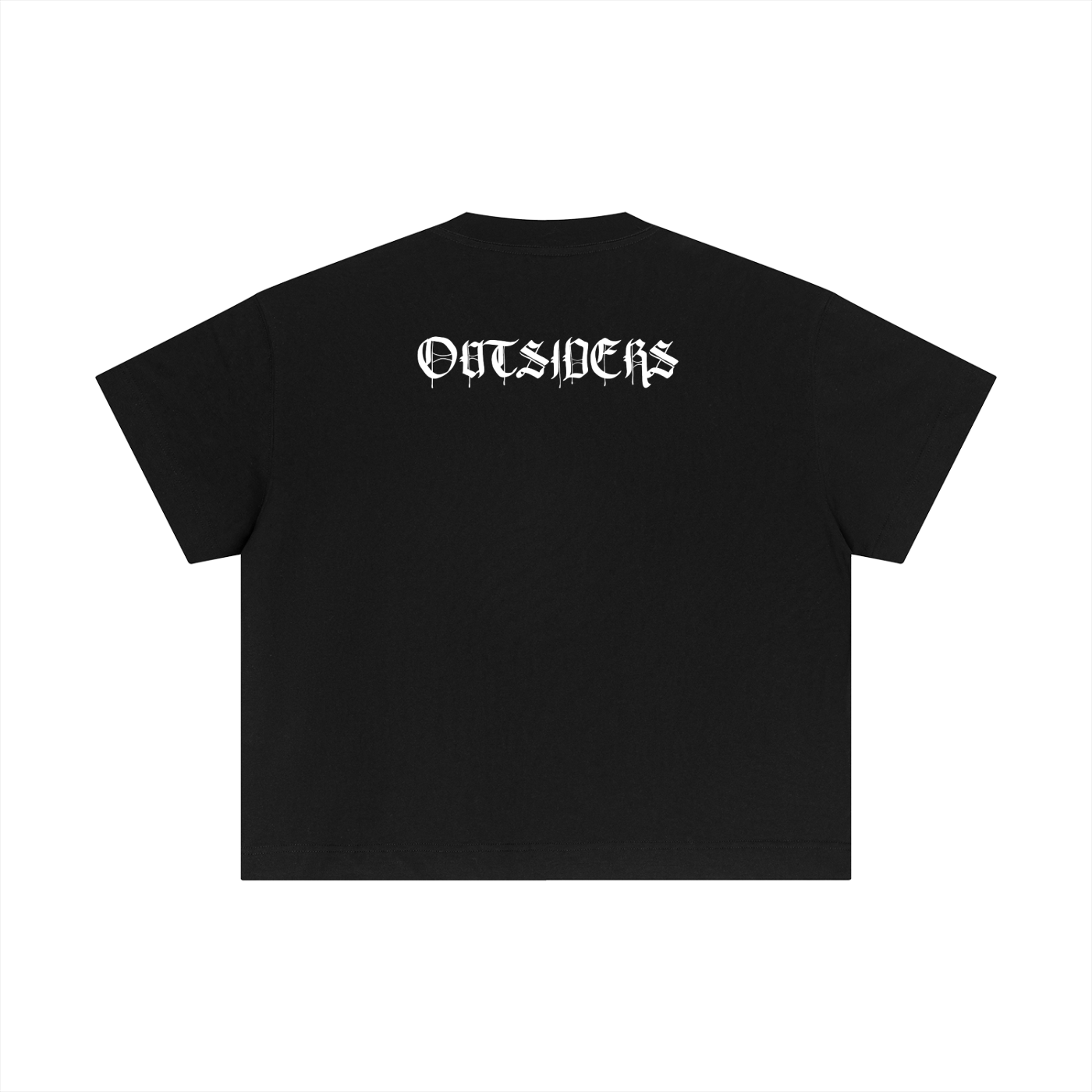 Black t-shirt with 'OUTSIDERS' text on the back against a white background