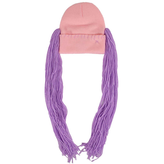 Pink beanie with purple braided extensions on a white background