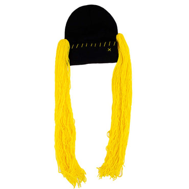 Black beanie with yellow pigtails on a white background