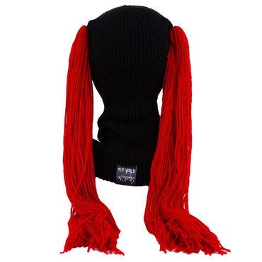 Black beanie with red pigtails on a white background