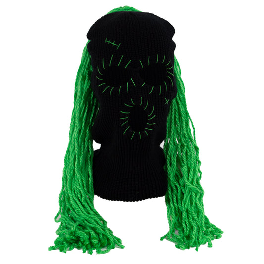 Black ski mask balaclava with green hair extensions on a white background