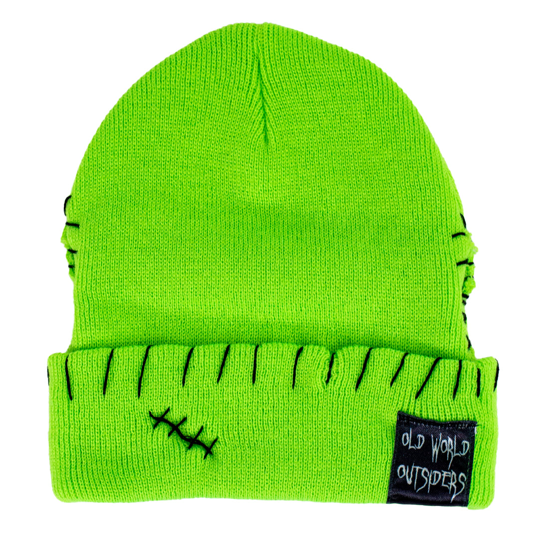 Bright neon green beanie with black stitching details on a white background