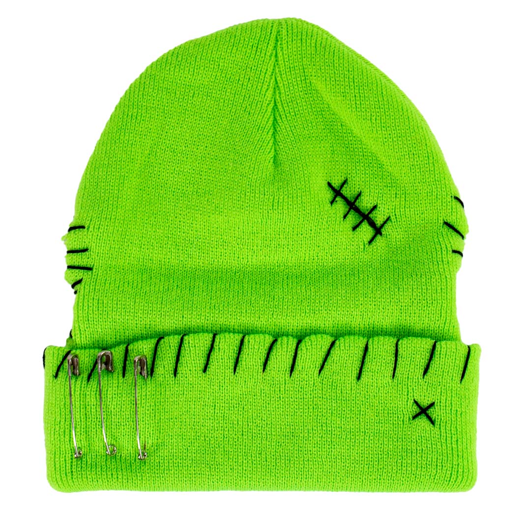 Bright green beanie with black stitching details on a white background