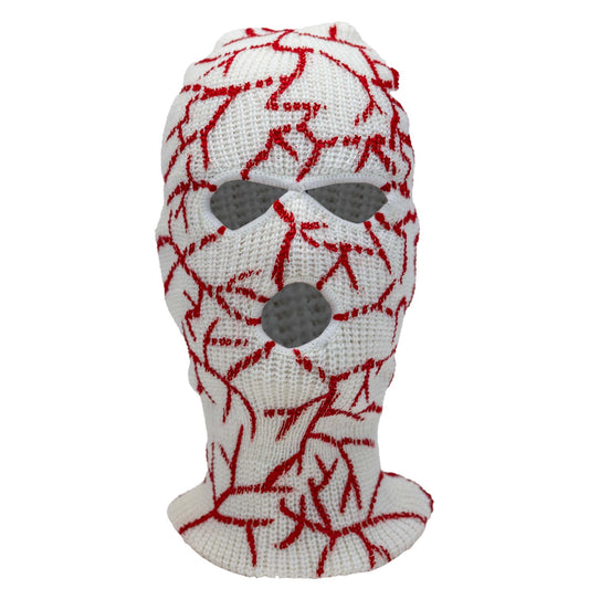White ski mask with red vein-like patterns and gray eye holes on a white background