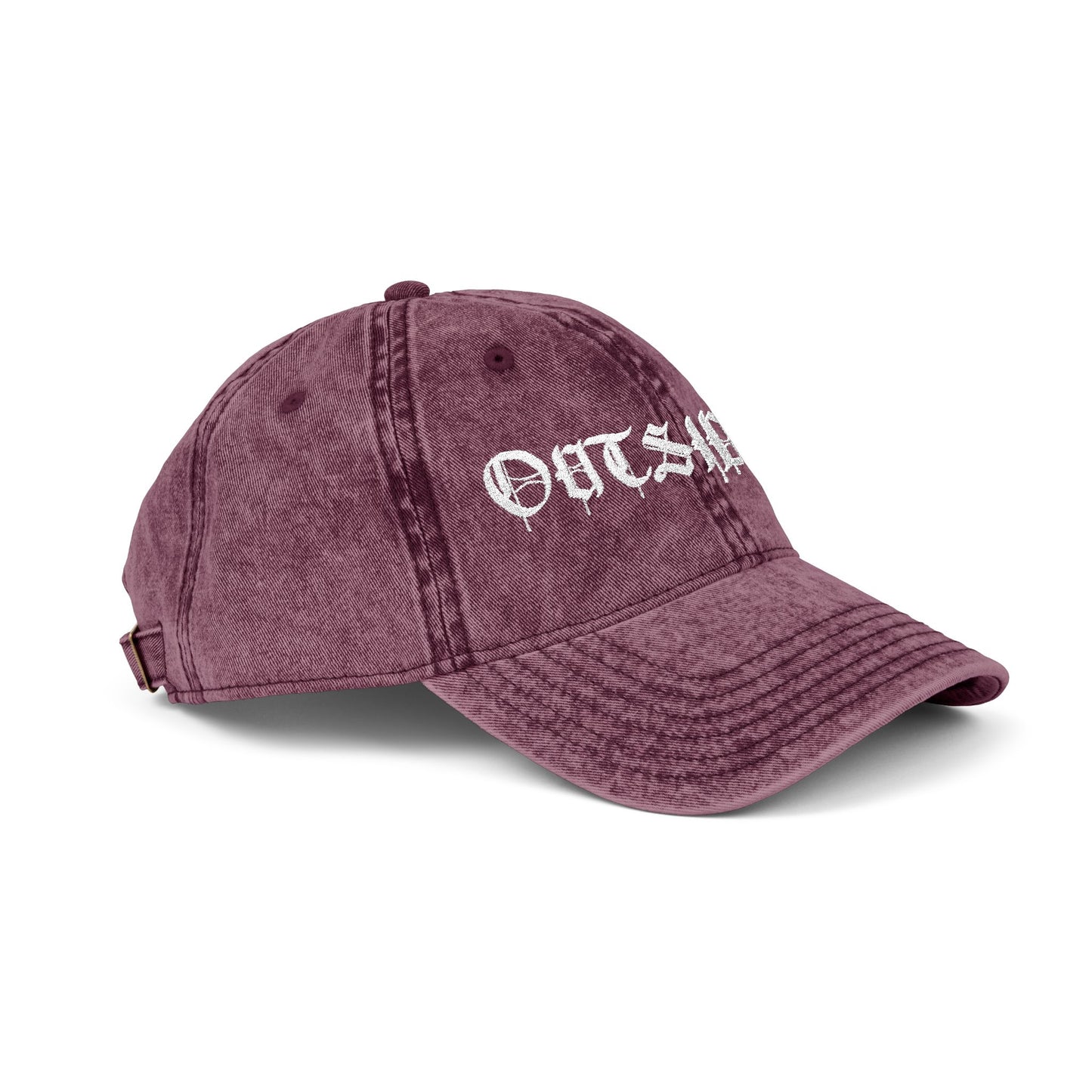 Maroon baseball cap with 'OUTSIDER' text on a white background