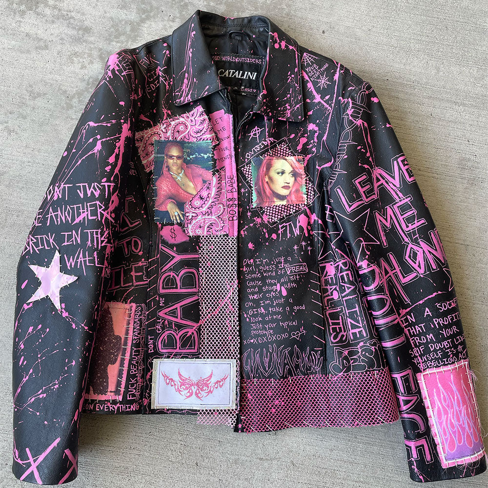 Black and Pink leather jacket Y2K Leather Coat