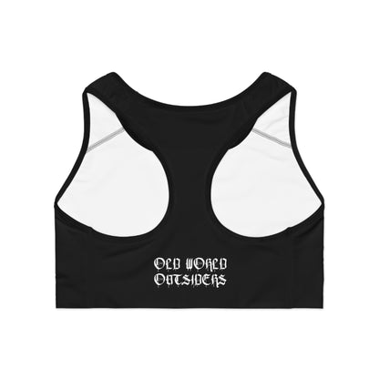 Black sports bra with white accents and 'Old World Outsiders' text on a white background