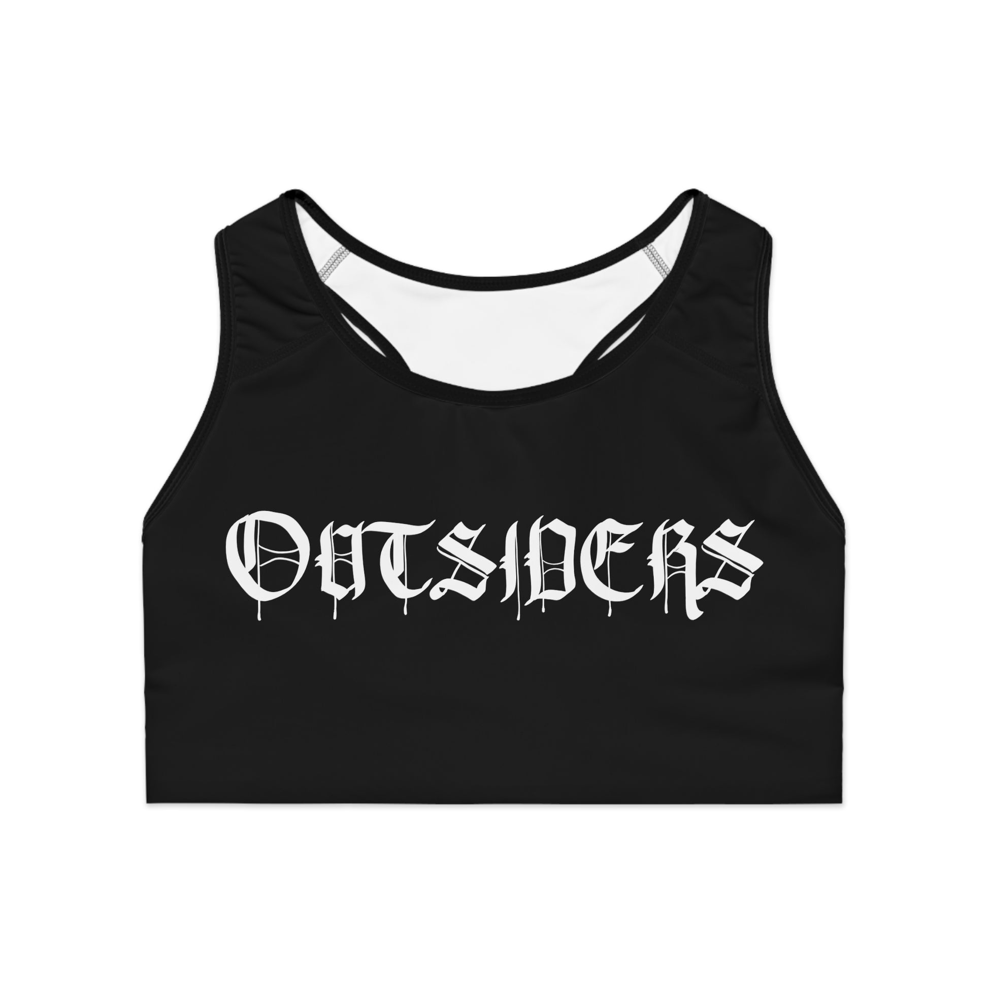 This compression sports bra blends bold attitude with functional performance. The all-over black design features white Old World–style lettering that reads “OUTSIDERS” across the chest and a smaller “OLD WORLD OUTSIDERS” at the back, giving the piece a raw, streetwise energy.