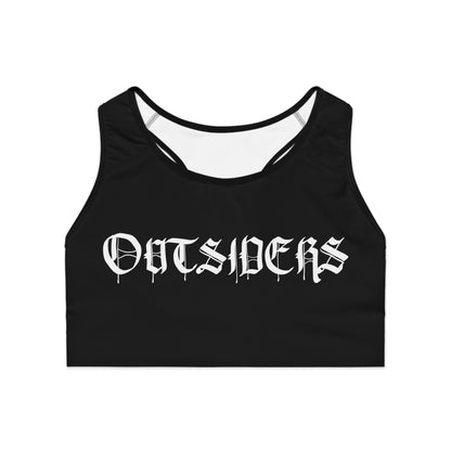 This compression sports bra blends bold attitude with functional performance. The all-over black design features white Old World–style lettering that reads “OUTSIDERS” across the chest and a smaller “OLD WORLD OUTSIDERS” at the back, giving the piece a raw, streetwise energy.