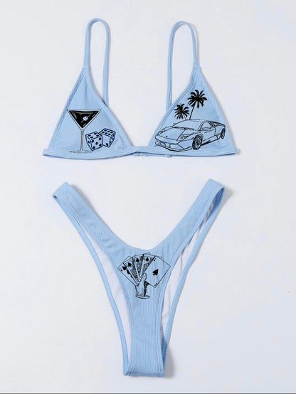 Baby Blue Bikini with vegas theme print
