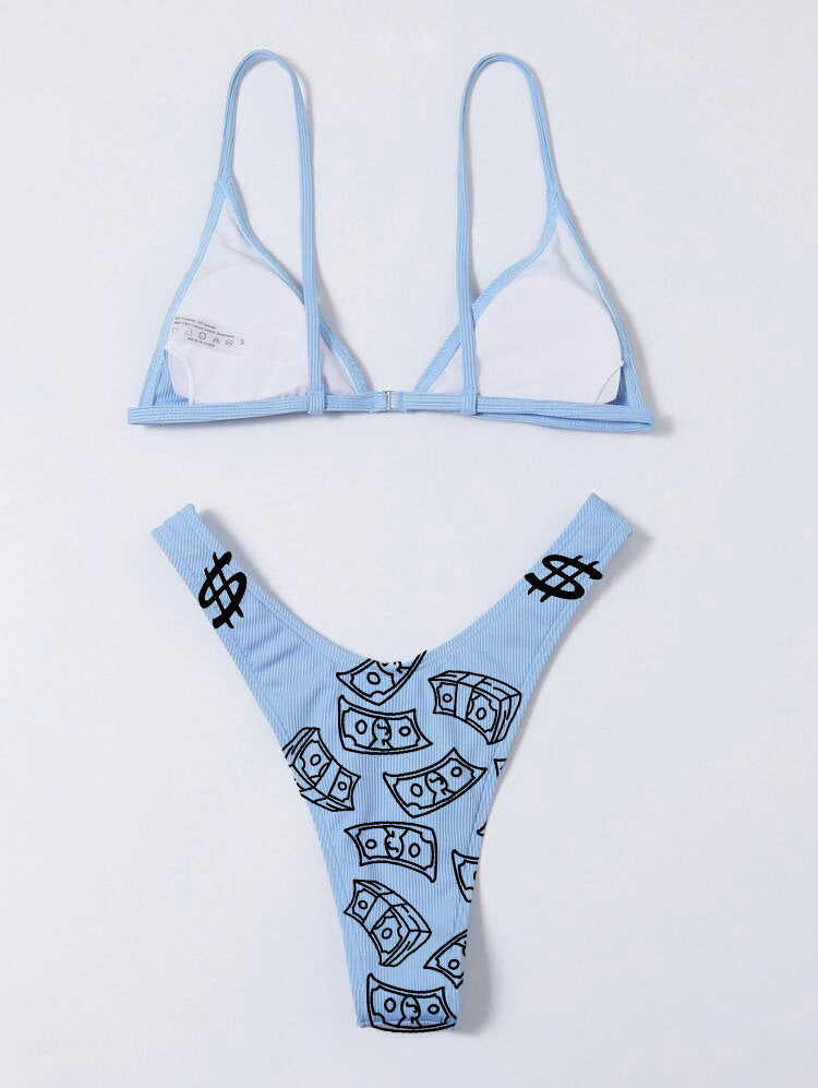 Light blue bikini set with money sign design on a white background