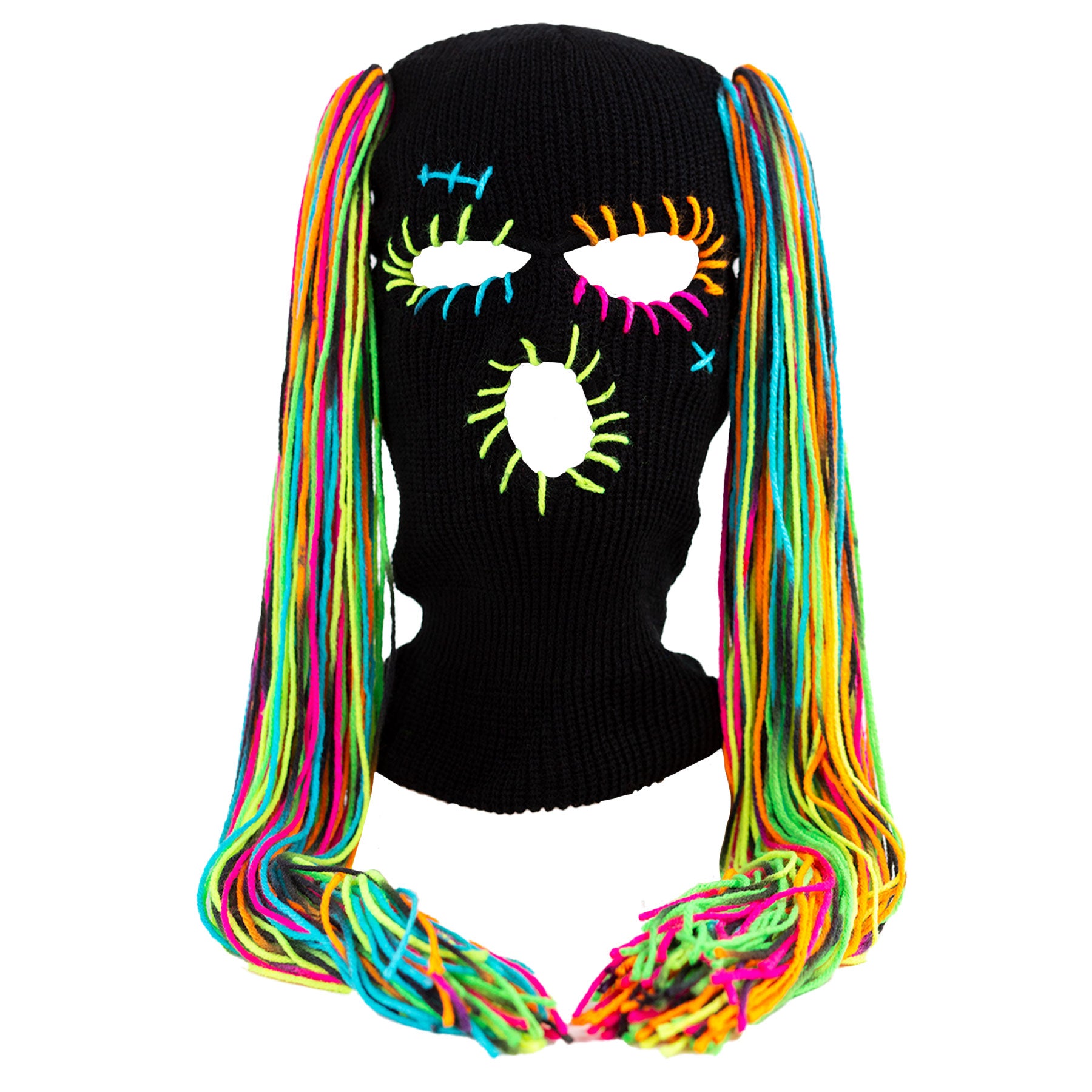Black ski mask with colorful extensions on a white background