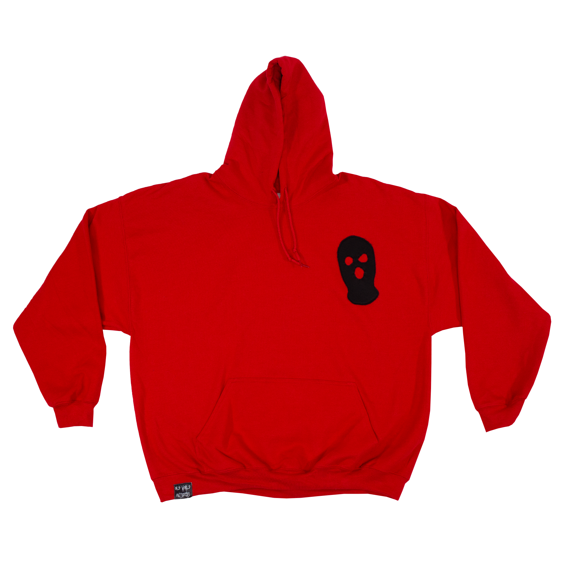 Red hoodie with a black logo on the chest against a white background