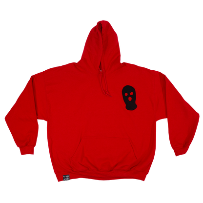 Red hoodie with a black logo on the chest against a white background