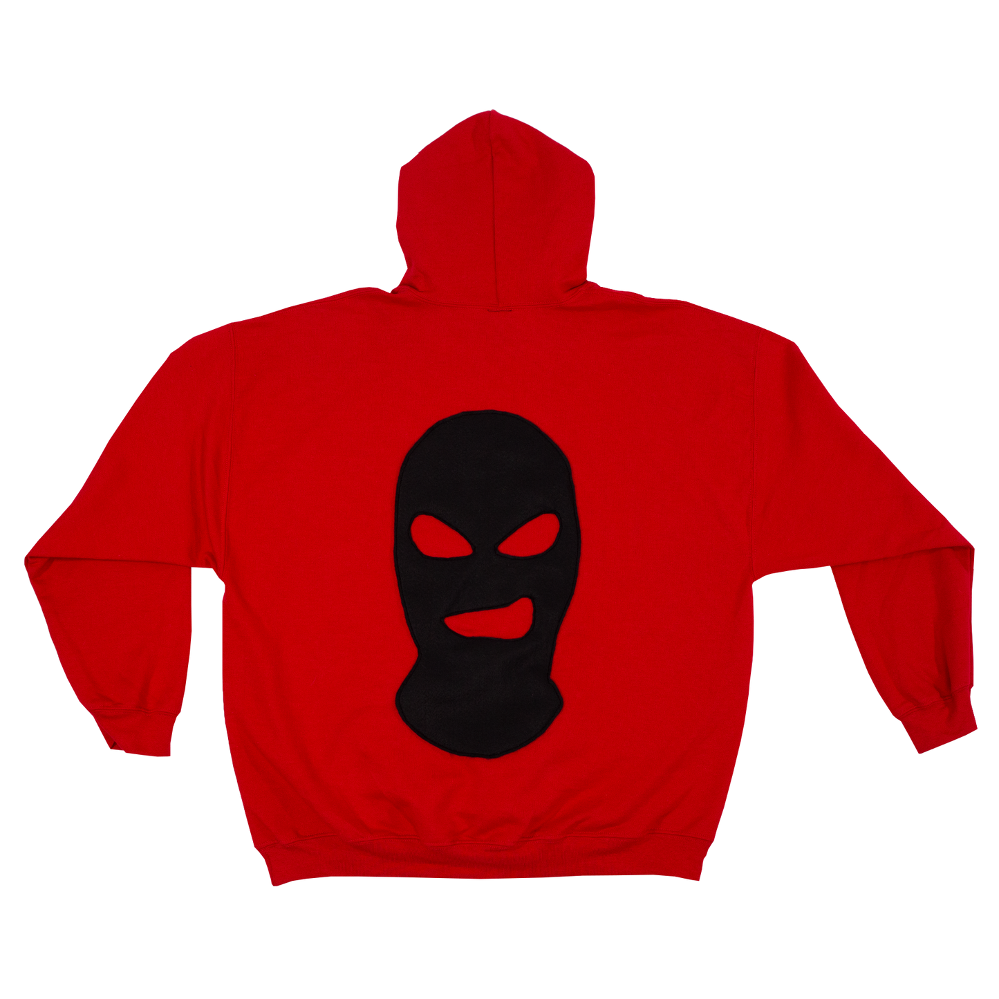Red hoodie with a black ski mask design on the back against a white background