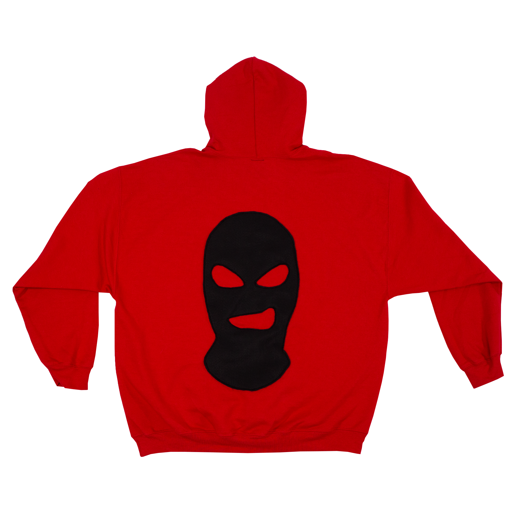 Red hoodie with a black ski mask design on the back against a white background