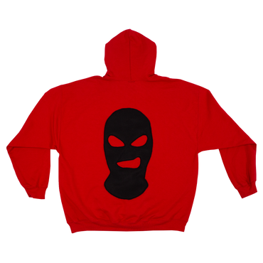 Red hoodie with a black ski mask design on the back against a white background